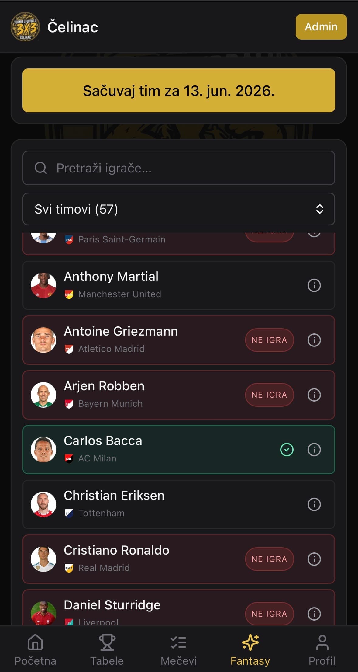 Fantasy izbor igrača za dnevni tim